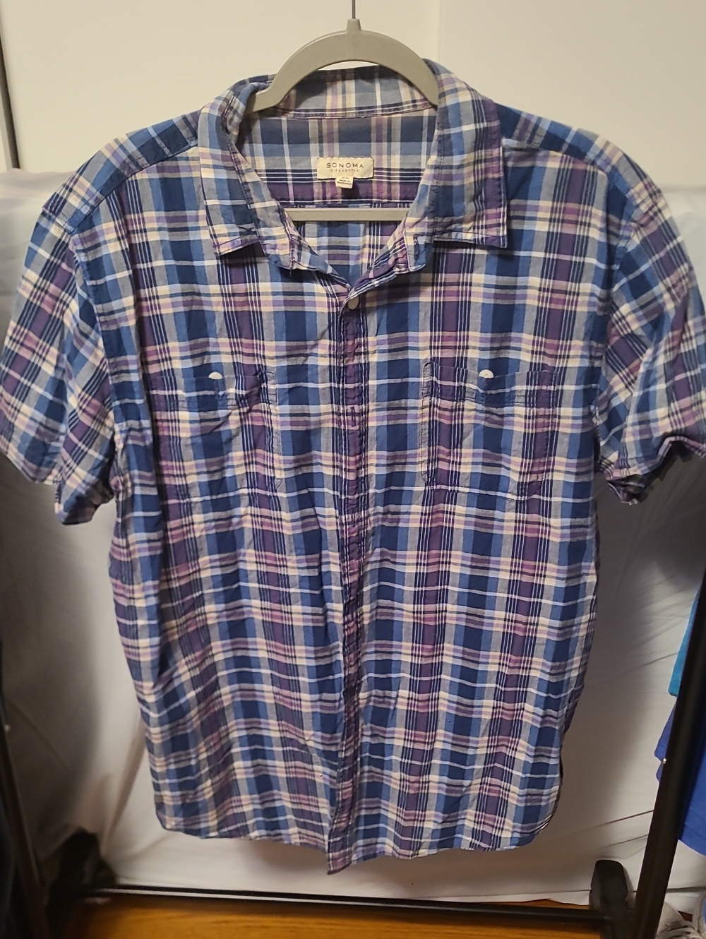 Sonoma Blue and Pink Plaid Short-Sleeve Button-Up Shirt